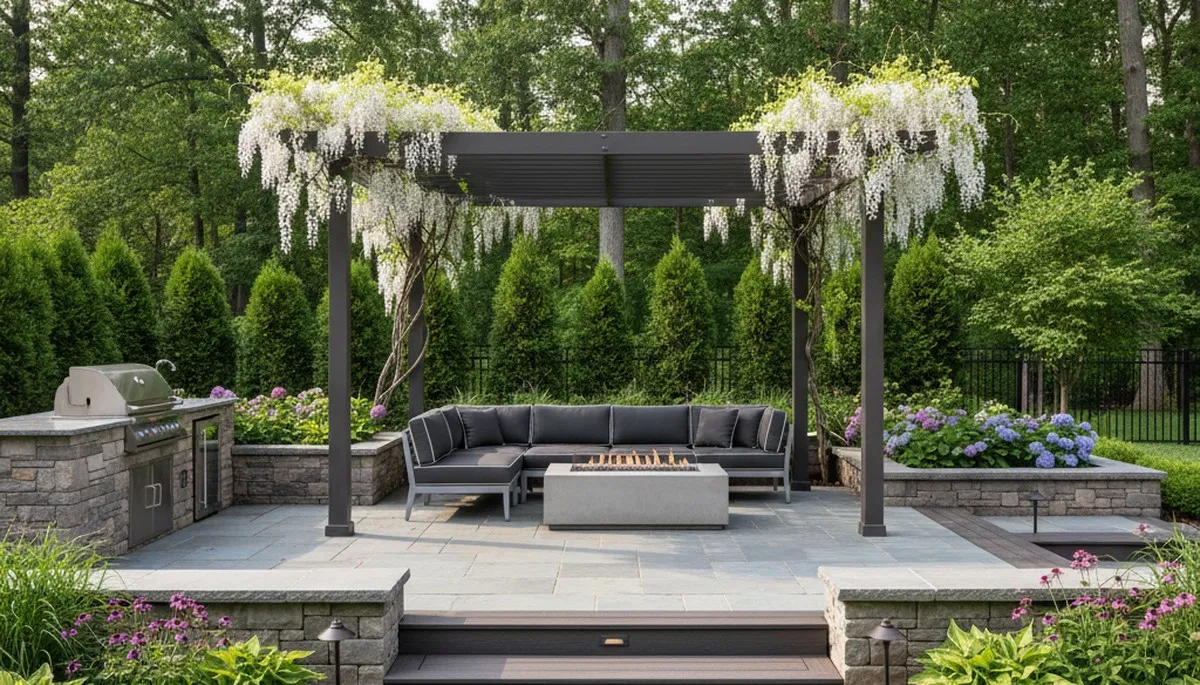 Backyard patio landscaping with lighting and plantings by Chop Chop Landscaping in Allentown, PA