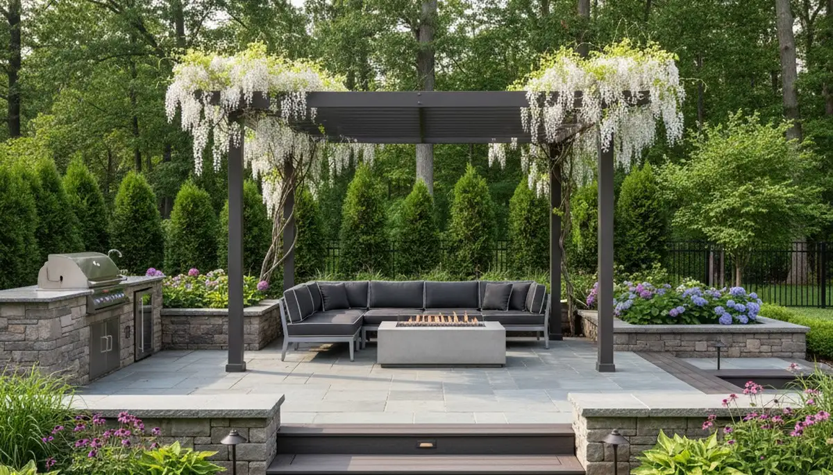 Backyard patio landscaping with lighting and plantings by Chop Chop Landscaping in Allentown, PA