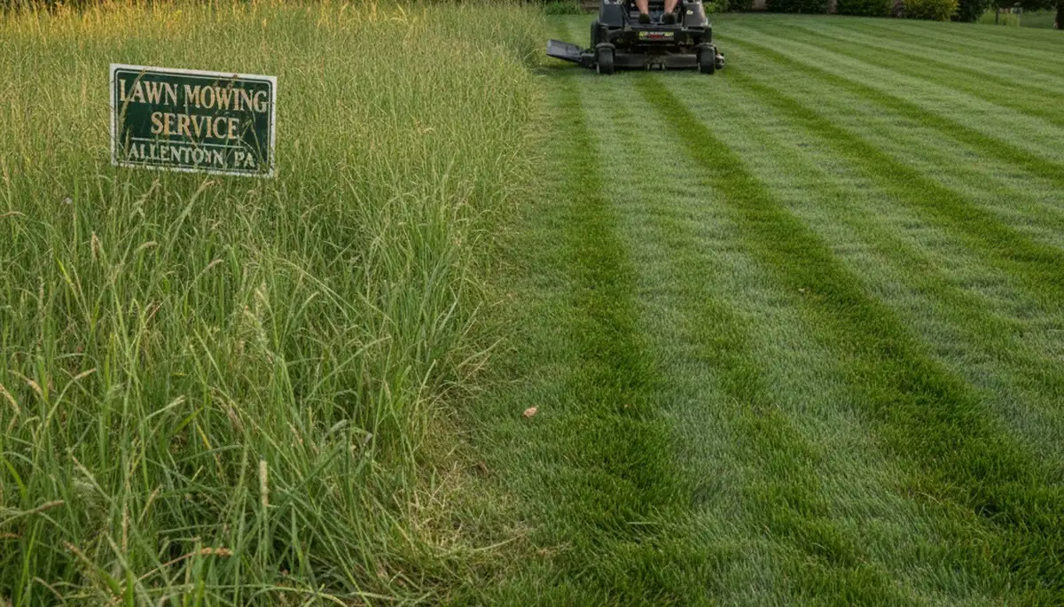 Before and after lawn mowing transformation at Allentown PA home by Chop Chop Landscaping