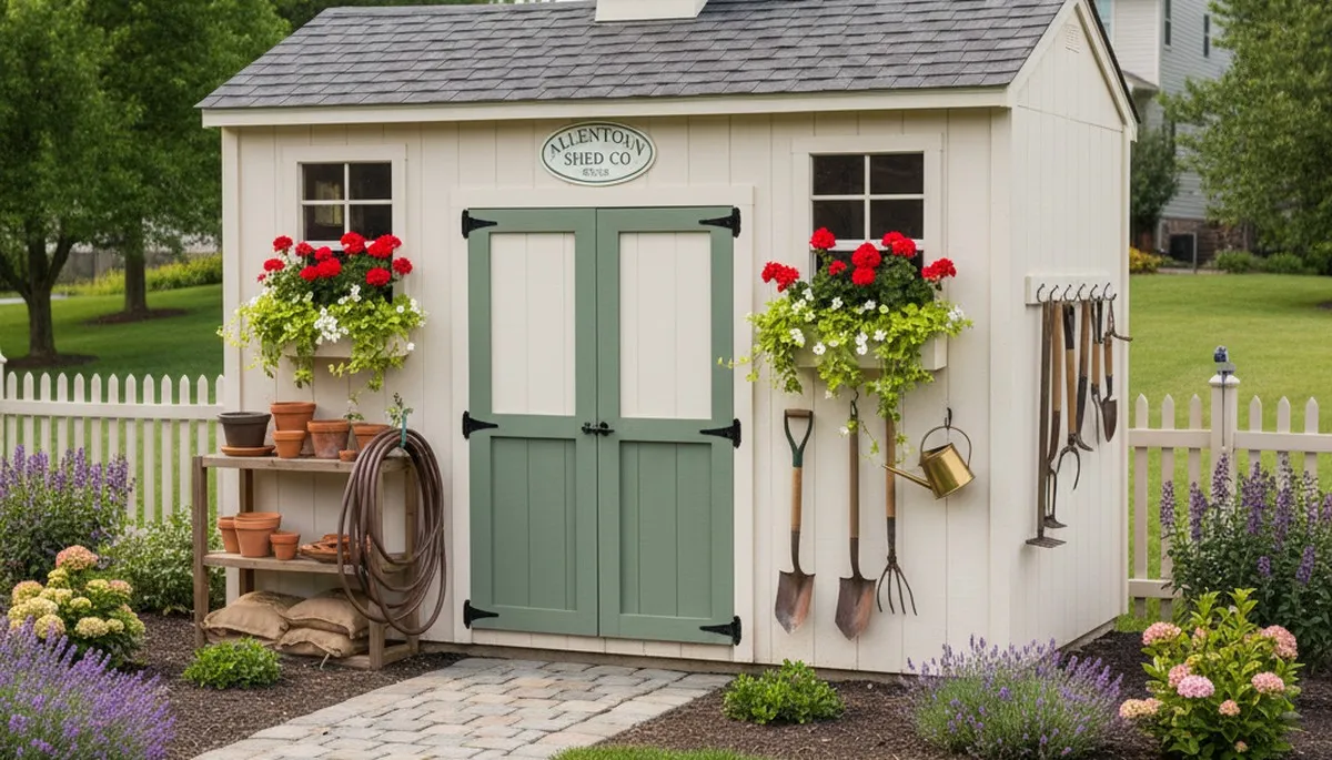 Decorative garden shed with landscaped surroundings installed by Chop Chop Landscaping in Allentown, PA