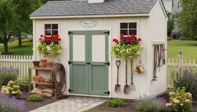 Decorative garden shed with landscaped surroundings installed by Chop Chop Landscaping in Allentown, PA