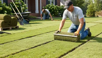 Expert landscaper installing fresh sod rolls in Allentown, PA for Chop Chop Landscaping lawn service