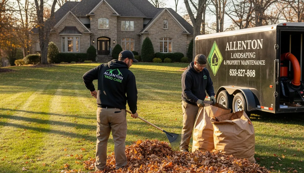 Landscapers raking and bagging fall leaves during residential yard cleanup in Allentown, PA