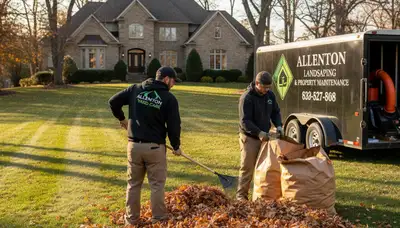 Landscapers raking and bagging fall leaves during residential yard cleanup in Allentown, PA