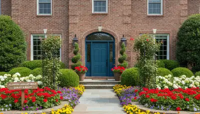 Front yard curb appeal landscaping with colorful shrubs and flowers in Allentown, PA