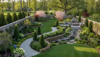 Full property landscape design with lawn, plantings, and hardscape by landscapers in Allentown, PA