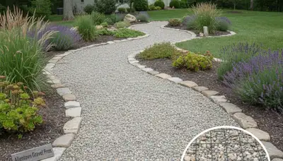 Pea gravel garden pathway winding through landscaped yard in Allentown, PA by Chop Chop Landscaping