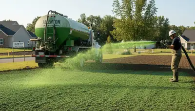 Hydroseeder truck spraying green slurry on lawn soil in Allentown, PA by Chop Chop Landscaping