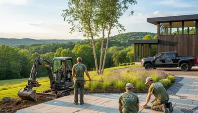 Allentown, PA landscaping crew providing professional lawn care for a local residential property