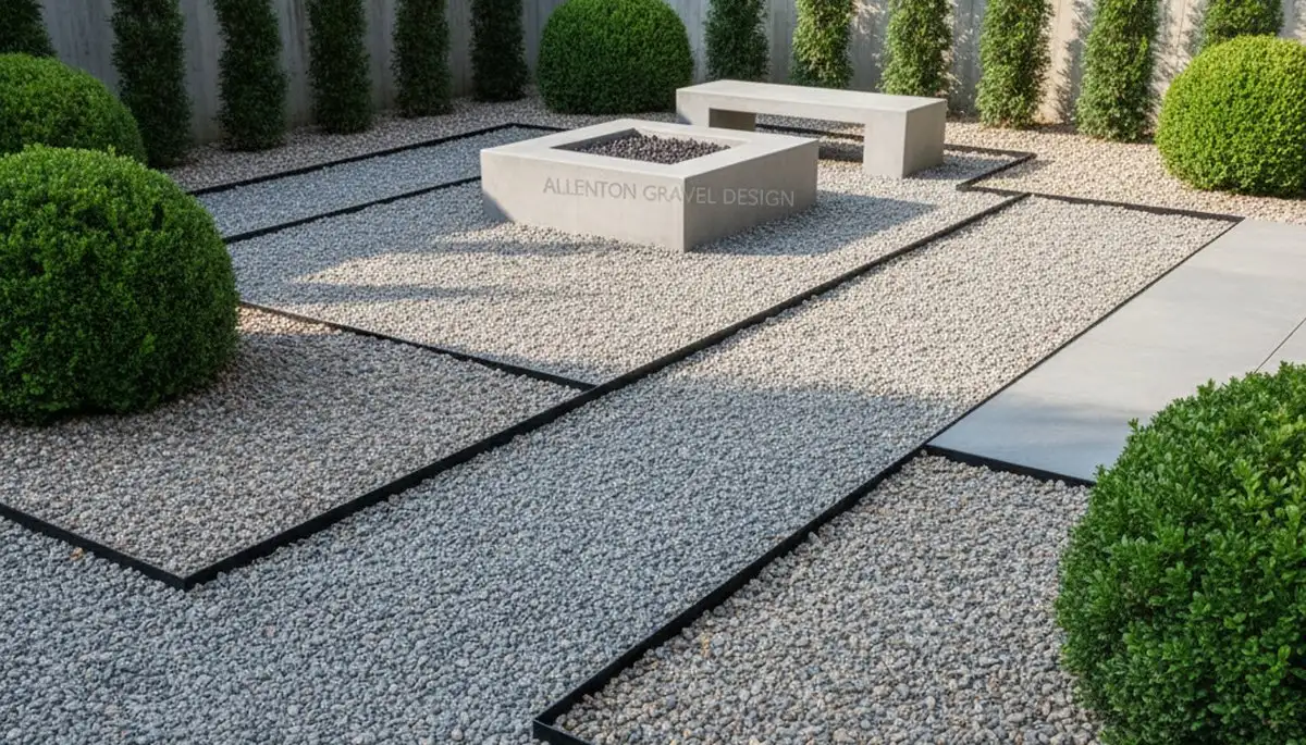 Modern minimalist pea gravel landscape design in Allentown PA with clean lines and architectural plants