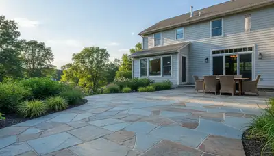 Natural flagstone patio with slate pavers by Chop Chop Landscaping in Allentown, PA