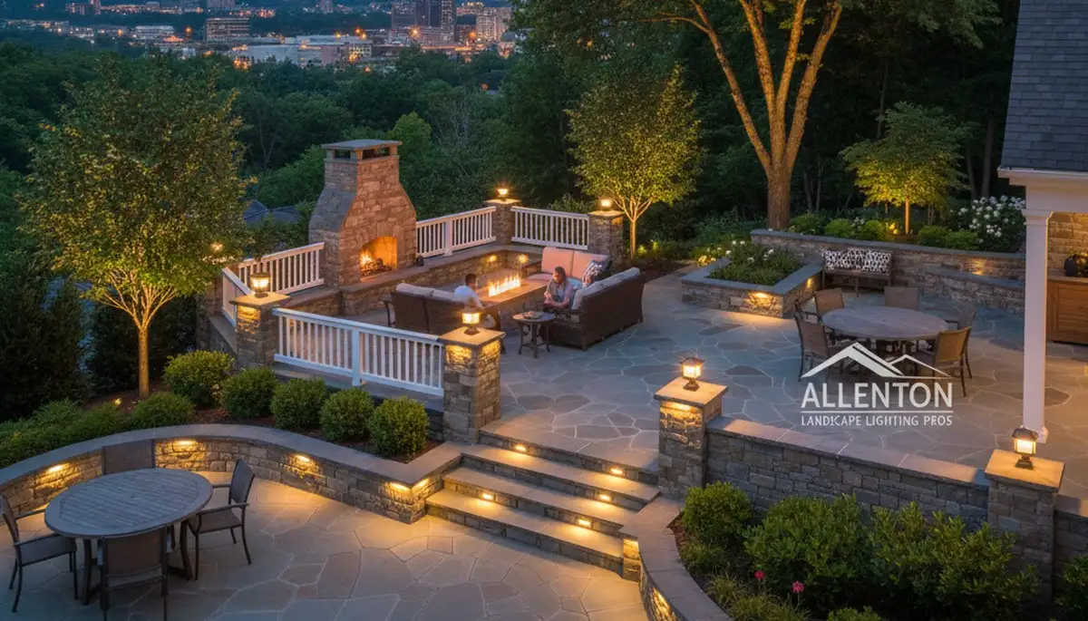 Outdoor landscape lighting illuminating patio and deck in Allentown, PA by Chop Chop Landscaping