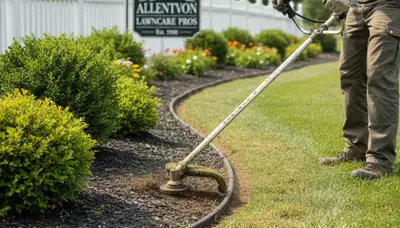 Technician edging lawn beds with string trimmer in Allentown, PA for professional landscaping finish
