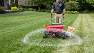 Lawn care technician applying fertilizer with spreader on green yard in Allentown, PA