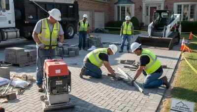Crew installing driveway pavers in Allentown PA with professional landscaping base prep and leveling work