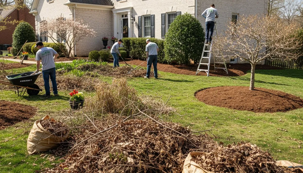 Landscapers performing spring yard cleanup and pruning at a residential property in Allentown, PA