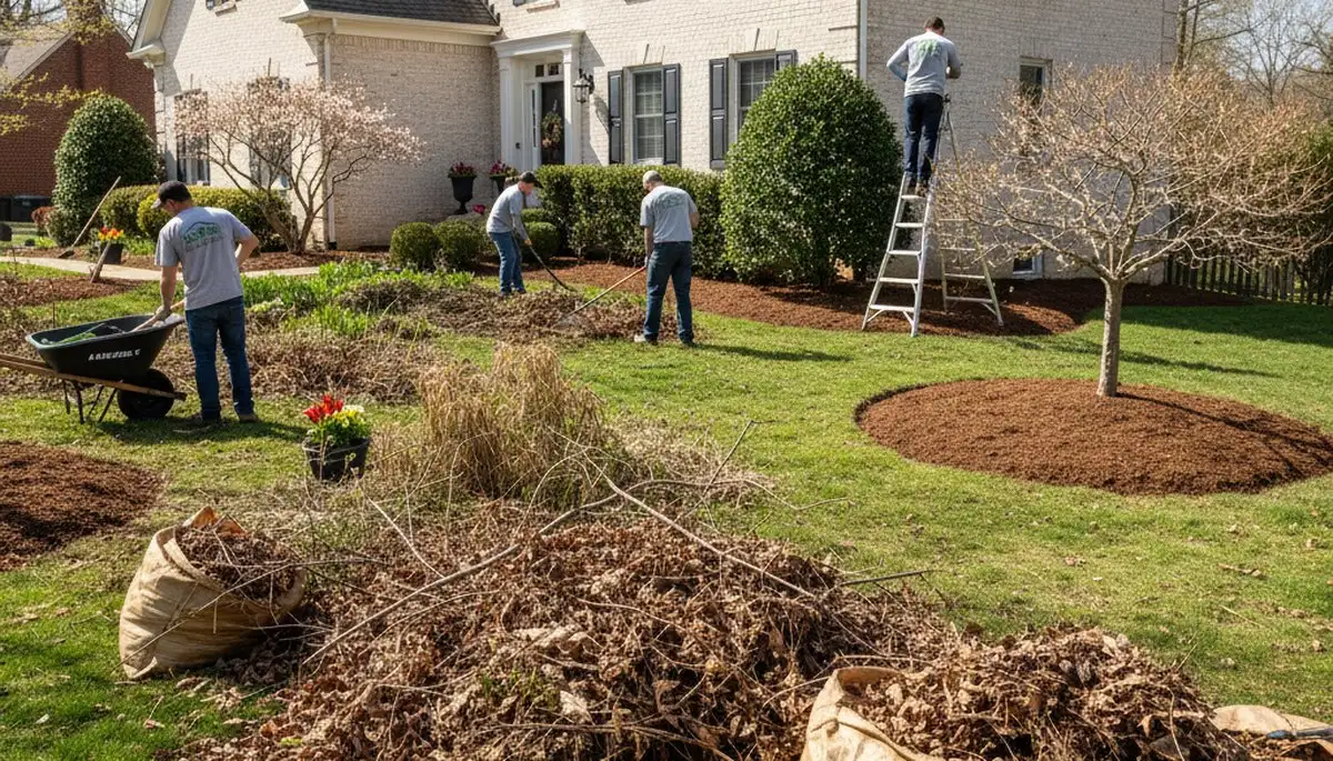 Landscapers performing spring yard cleanup and pruning at a residential property in Allentown, PA