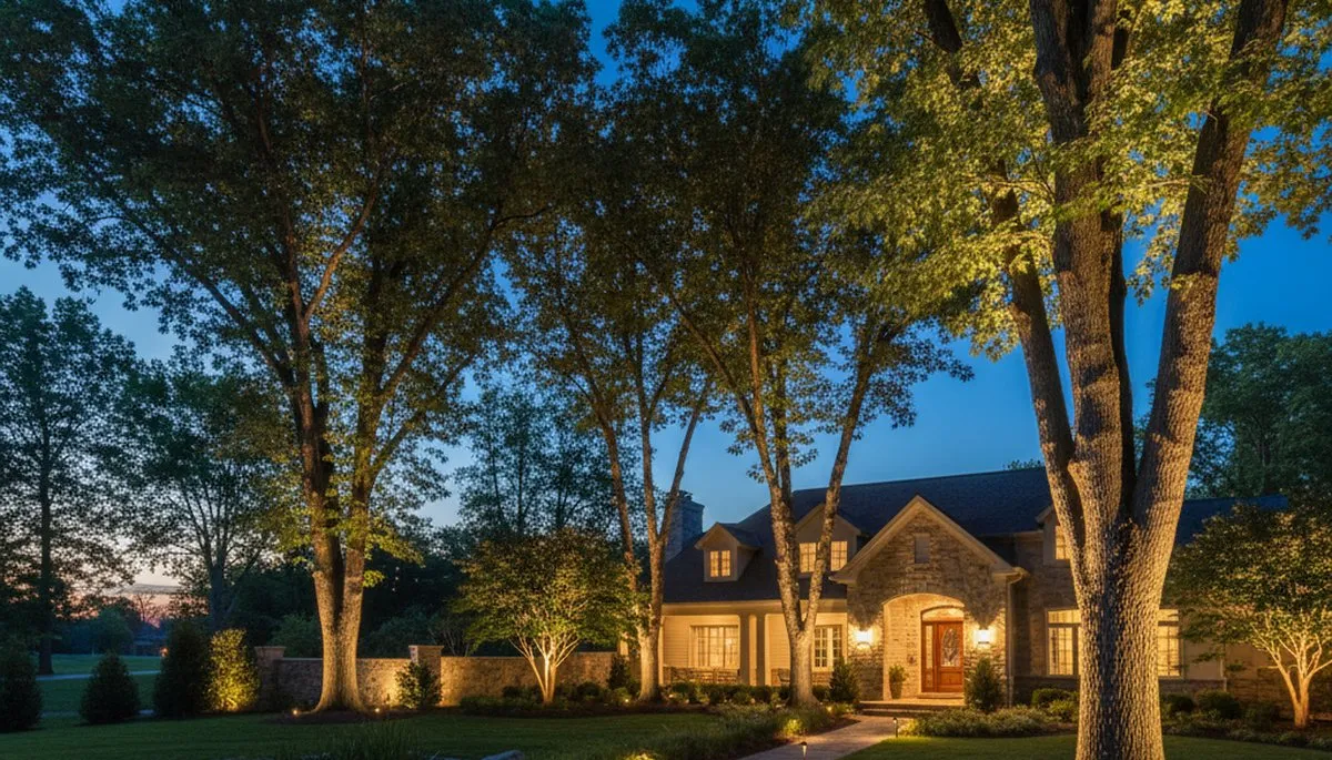 Mature trees with landscape uplighting at night by Chop Chop Landscaping in Allentown, PA